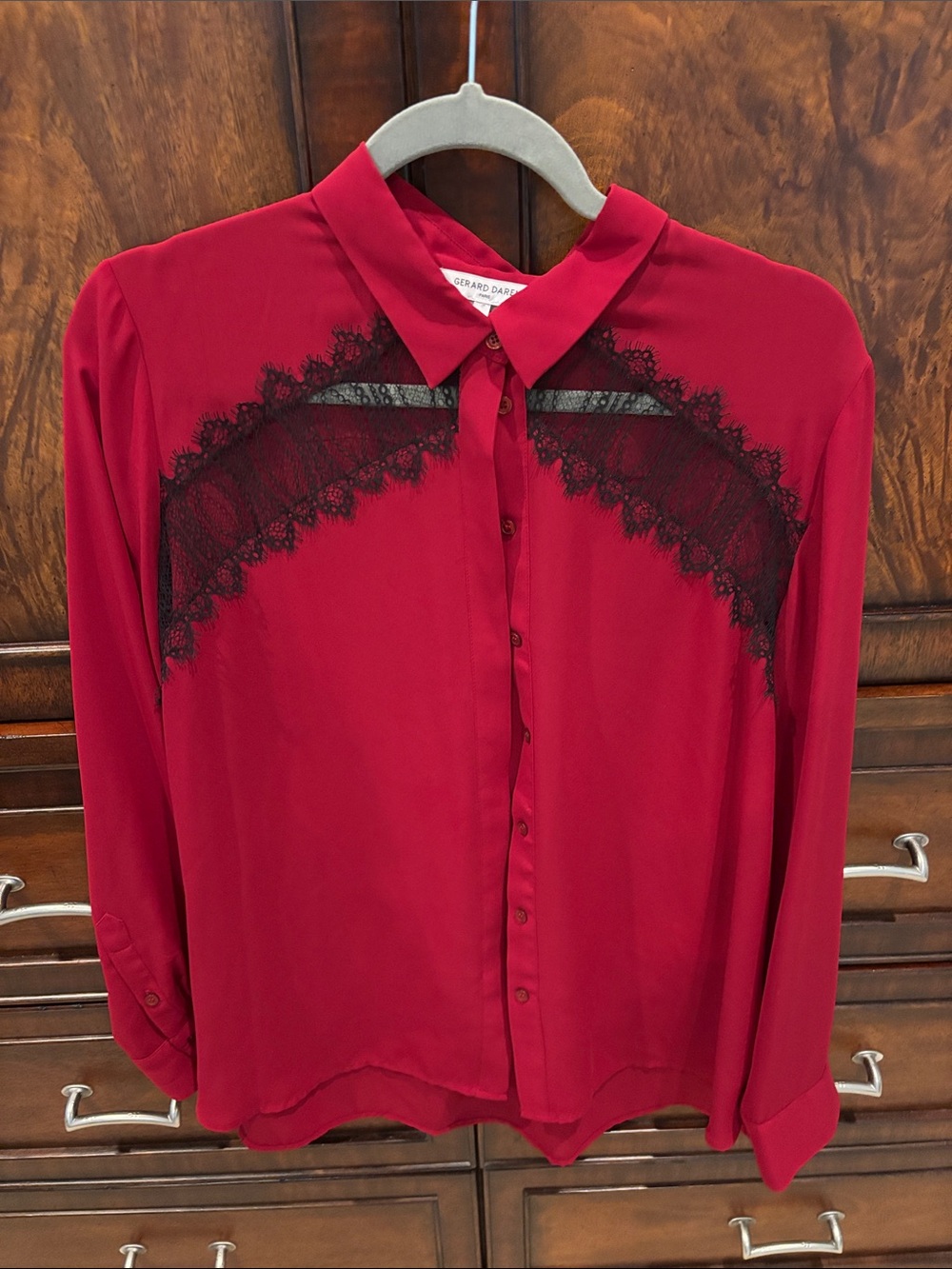 Gerard Darel Red Button-Down Blouse with Black Lace Trim